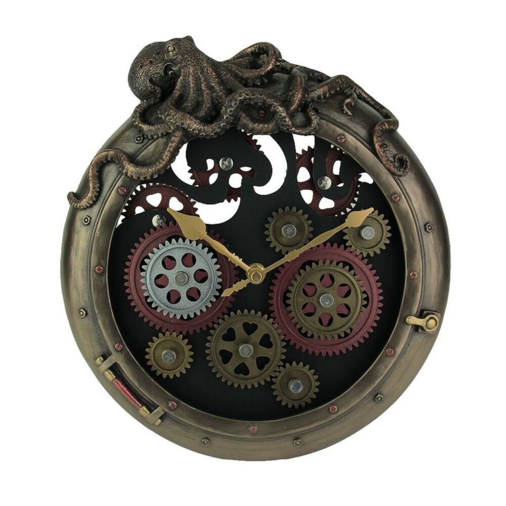 Steampunk Bronze Finish Octopus Porthole Wall Clock With Moving Gears